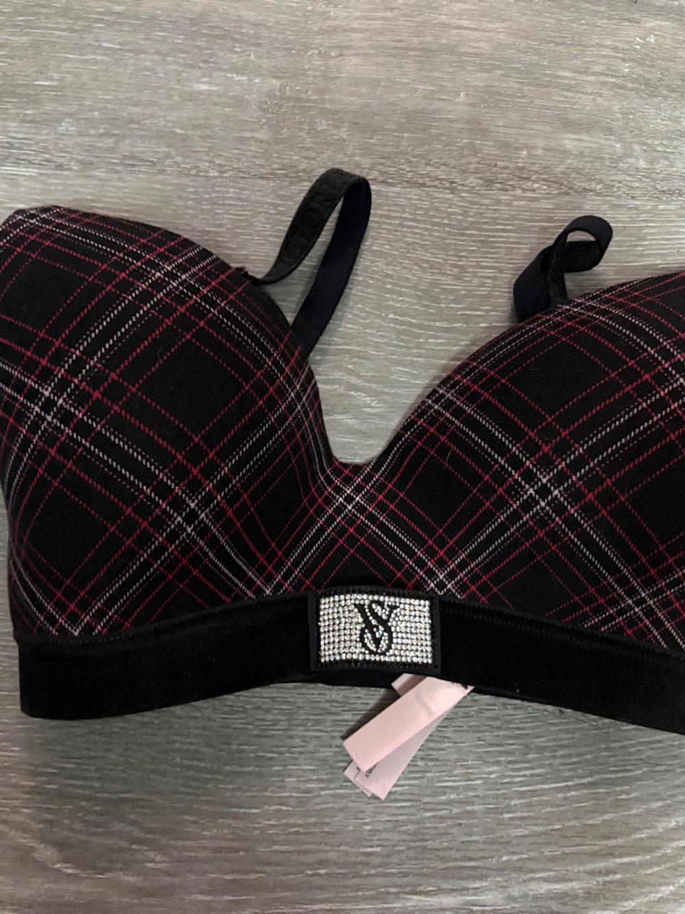 Victoria's Secret Black Plaid Padded Bra with Pink and White Accents